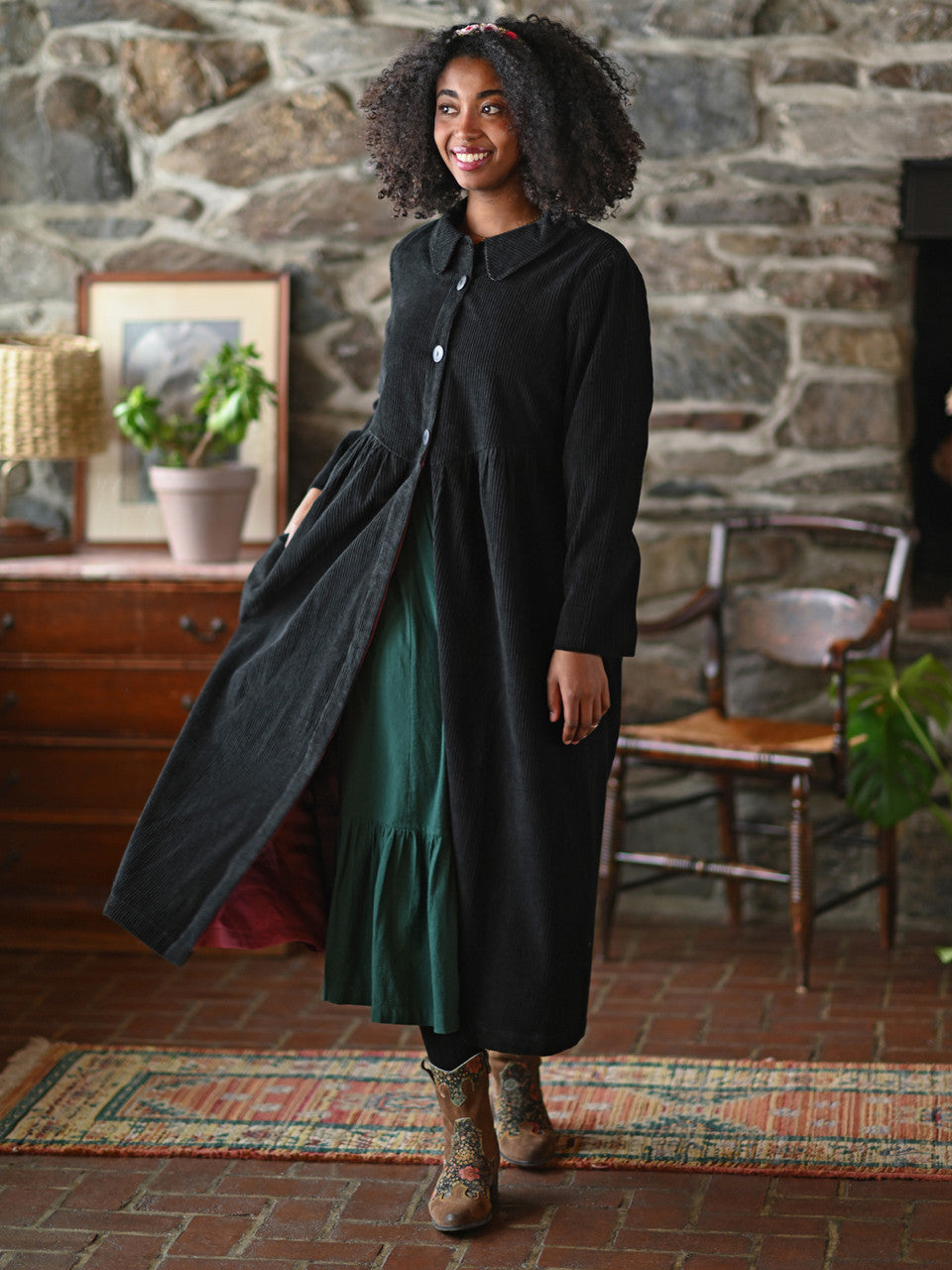 Chic Black Corduroy Jacket, Flowing Gathers, Oversized Buttons, Contrast Lining