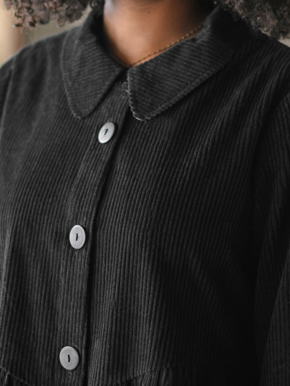 Chic Black Corduroy Jacket, Flowing Gathers, Oversized Buttons, Contrast Lining