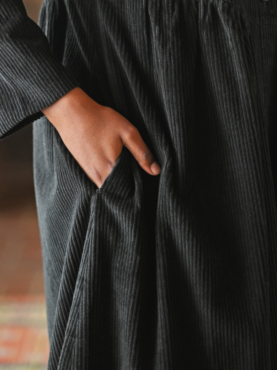 Chic Black Corduroy Jacket, Flowing Gathers, Oversized Buttons, Contrast Lining