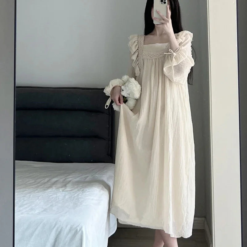 Lace Nightgown Sleepwear Women Korean Ruffles Night Dress Spring One Piece Pajamas Long Sleeve Square Collar Home Wear 2025 New