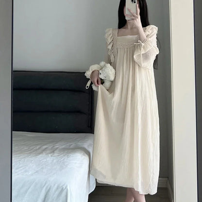 Lace Nightgown Sleepwear Women Korean Ruffles Night Dress Spring One Piece Pajamas Long Sleeve Square Collar Home Wear 2025 New