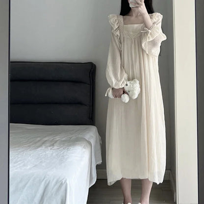 Lace Nightgown Sleepwear Women Korean Ruffles Night Dress Spring One Piece Pajamas Long Sleeve Square Collar Home Wear 2025 New