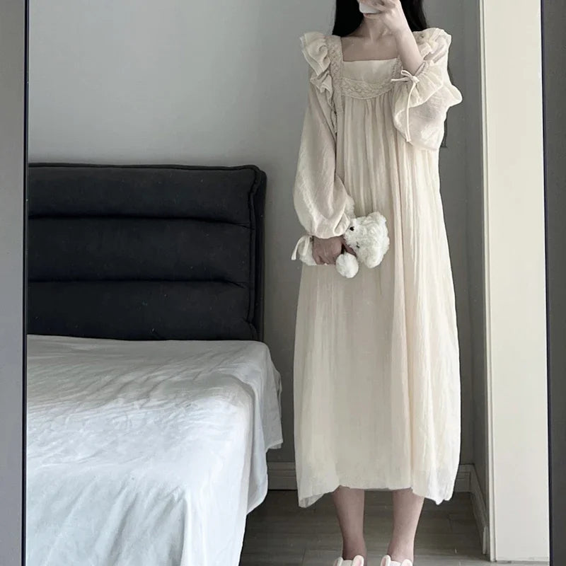 Lace Nightgown Sleepwear Women Korean Ruffles Night Dress Spring One Piece Pajamas Long Sleeve Square Collar Home Wear 2025 New