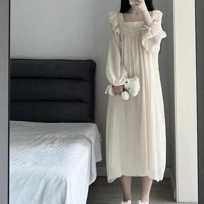 Lace Nightgown Sleepwear Women Korean Ruffles Night Dress Spring One Piece Pajamas Long Sleeve Square Collar Home Wear 2025 New