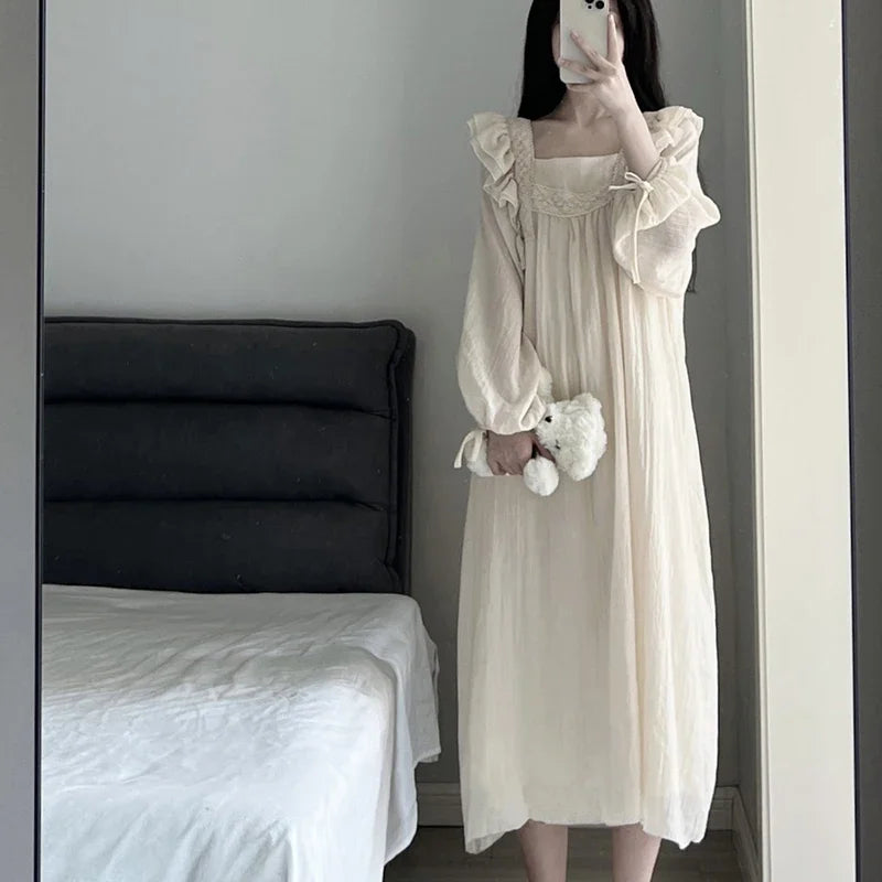 Lace Nightgown Sleepwear Women Korean Ruffles Night Dress Spring One Piece Pajamas Long Sleeve Square Collar Home Wear 2025 New