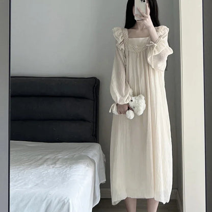 Lace Nightgown Sleepwear Women Korean Ruffles Night Dress Spring One Piece Pajamas Long Sleeve Square Collar Home Wear 2025 New