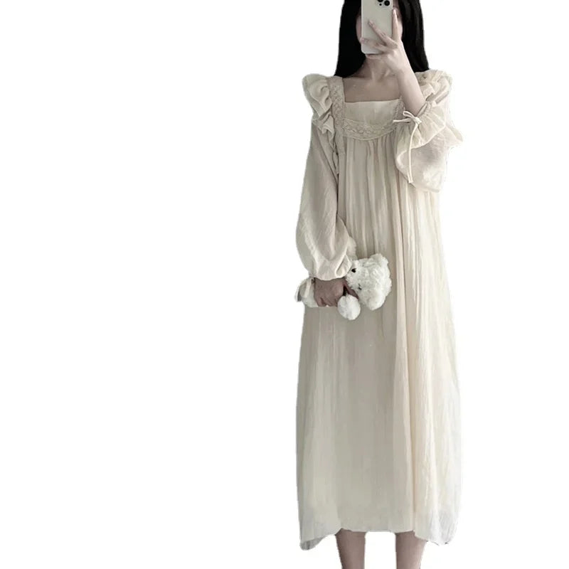 Lace Nightgown Sleepwear Women Korean Ruffles Night Dress Spring One Piece Pajamas Long Sleeve Square Collar Home Wear 2025 New