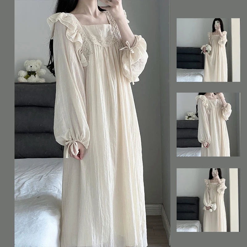 Lace Nightgown Sleepwear Women Korean Ruffles Night Dress Spring One Piece Pajamas Long Sleeve Square Collar Home Wear 2025 New