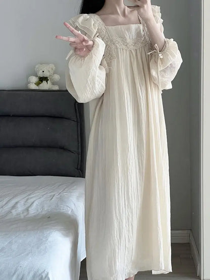 Lace Nightgown Sleepwear Women Korean Ruffles Night Dress Spring One Piece Pajamas Long Sleeve Square Collar Home Wear 2025 New