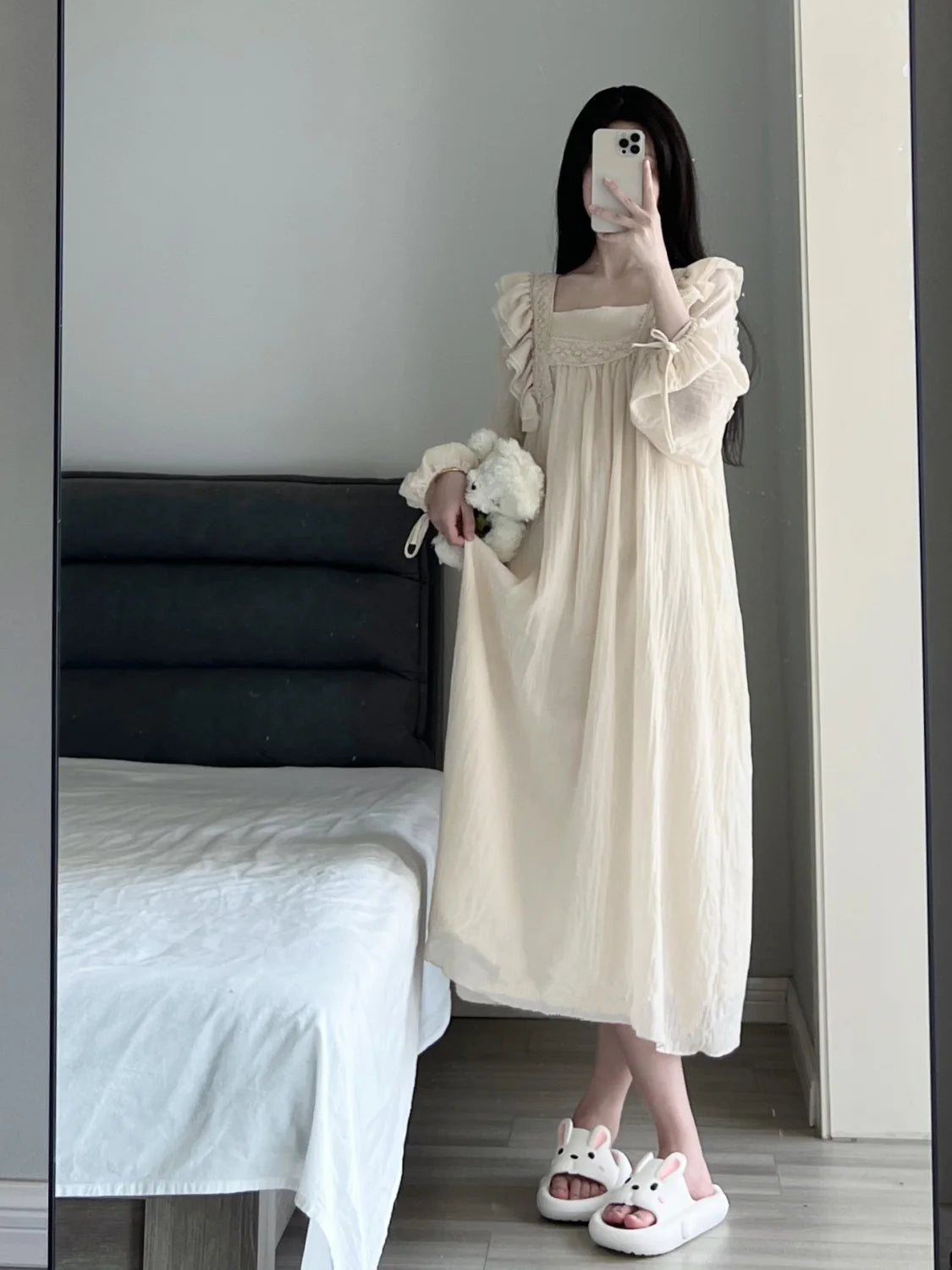 Lace Nightgown Sleepwear Women Korean Ruffles Night Dress Spring One Piece Pajamas Long Sleeve Square Collar Home Wear 2025 New