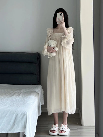 Lace Nightgown Sleepwear Women Korean Ruffles Night Dress Spring One Piece Pajamas Long Sleeve Square Collar Home Wear 2025 New