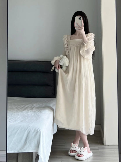 Lace Nightgown Sleepwear Women Korean Ruffles Night Dress Spring One Piece Pajamas Long Sleeve Square Collar Home Wear 2025 New