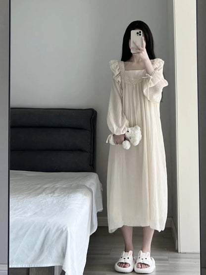 Lace Nightgown Sleepwear Women Korean Ruffles Night Dress Spring One Piece Pajamas Long Sleeve Square Collar Home Wear 2025 New