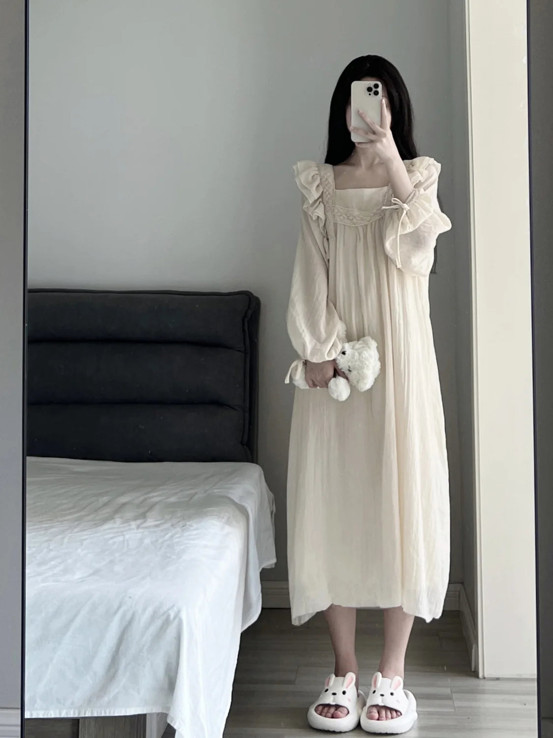 Lace Nightgown Sleepwear Women Korean Ruffles Night Dress Spring One Piece Pajamas Long Sleeve Square Collar Home Wear 2025 New