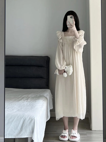 Lace Nightgown Sleepwear Women Korean Ruffles Night Dress Spring One Piece Pajamas Long Sleeve Square Collar Home Wear 2025 New