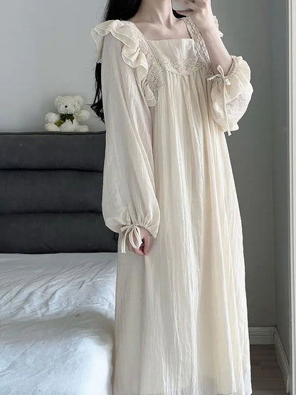 Lace Nightgown Sleepwear Women Korean Ruffles Night Dress Spring One Piece Pajamas Long Sleeve Square Collar Home Wear 2025 New