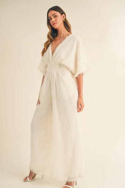 MABLE Fluffy Deep V Neck Wide Leg Jumpsuit