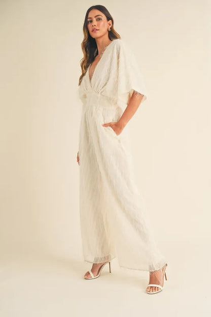 MABLE Fluffy Deep V Neck Wide Leg Jumpsuit