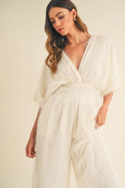 MABLE Fluffy Deep V Neck Wide Leg Jumpsuit