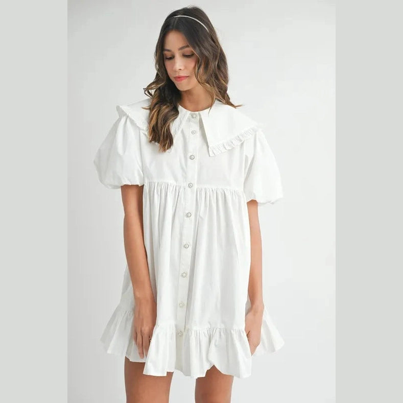 MABLE Ruffled Hem Peter Pan Collar Button Down Mini Dress