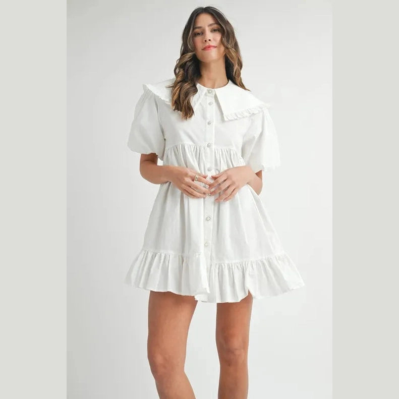 MABLE Ruffled Hem Peter Pan Collar Button Down Mini Dress