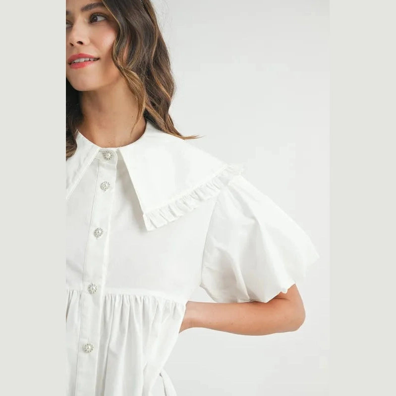 MABLE Ruffled Hem Peter Pan Collar Button Down Mini Dress