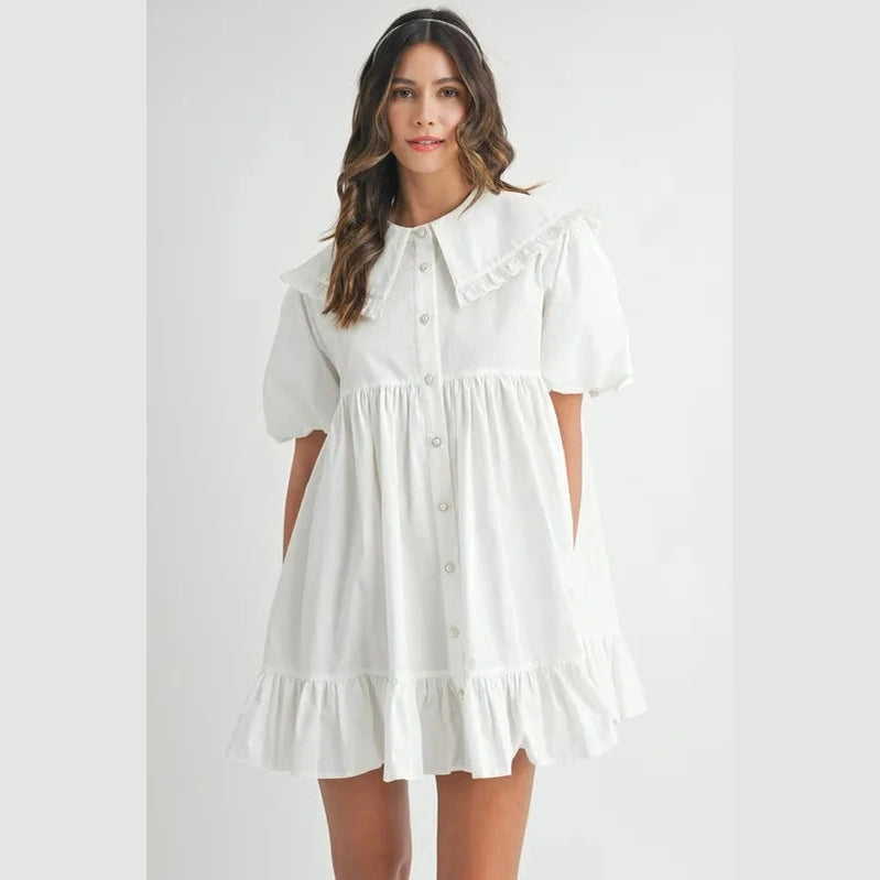 MABLE Ruffled Hem Peter Pan Collar Button Down Mini Dress