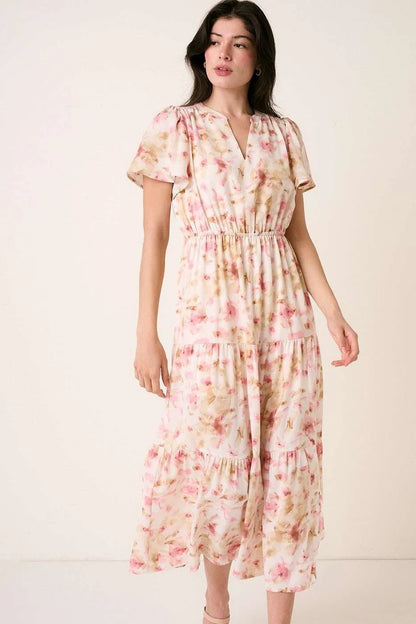 Mittoshop Flower Print Flutter Sleeve V Slit Maxi Dress