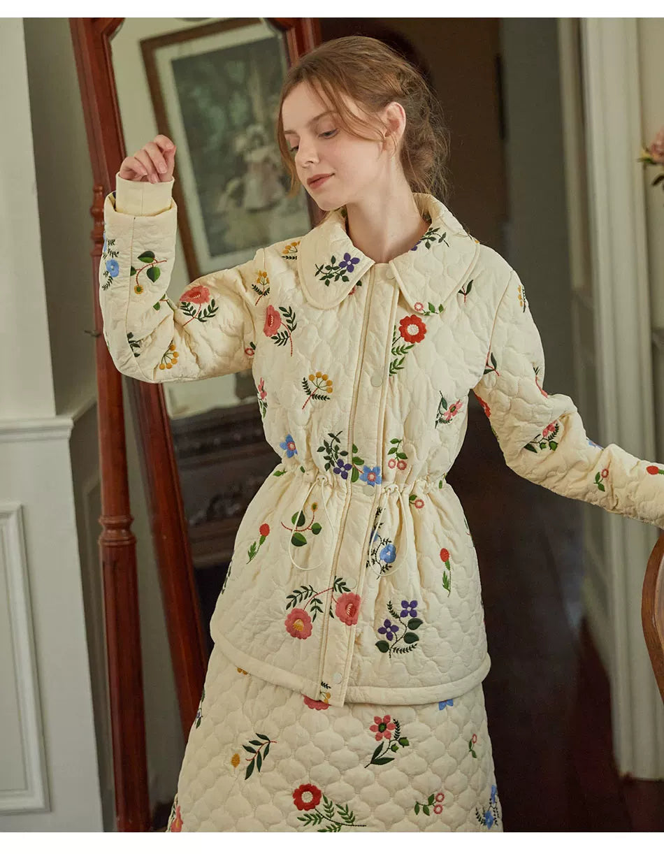 Sweet Jane Embroidery Cotton Padded Coat Skirt set