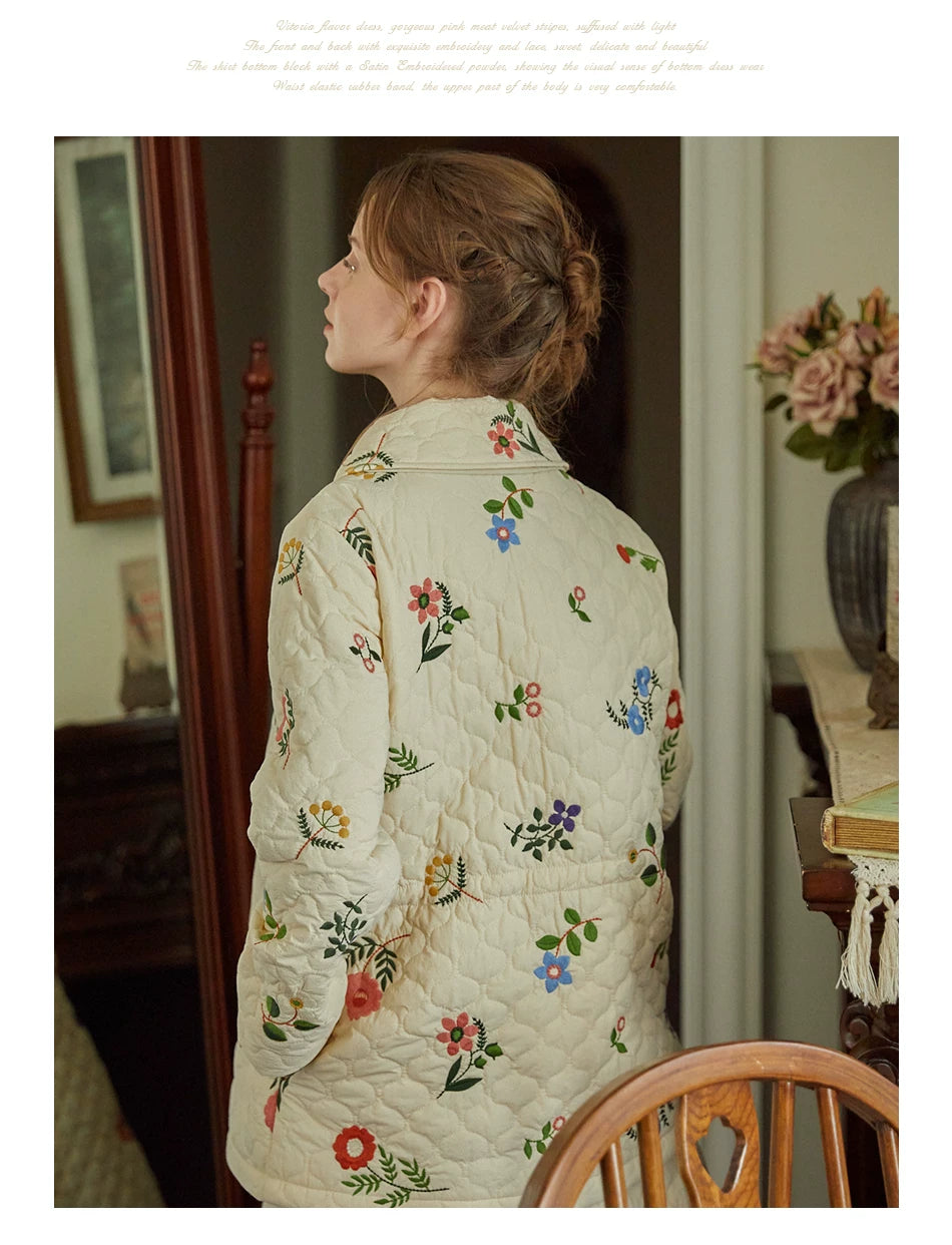 Sweet Jane Embroidery Cotton Padded Coat Skirt set