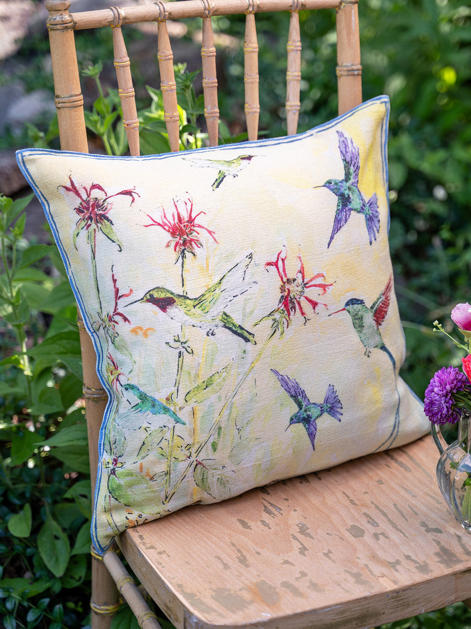 Peony Hummingbird Watercolor 17" Cushion Cover