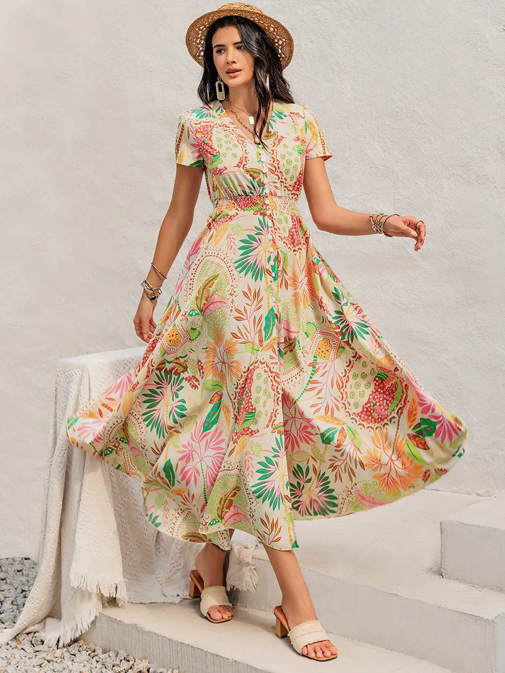 Printed Butter Cream V-Neck Short Sleeve Midi Dress