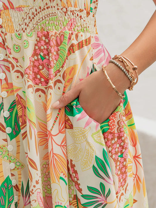 Printed Butter Cream V-Neck Short Sleeve Midi Dress