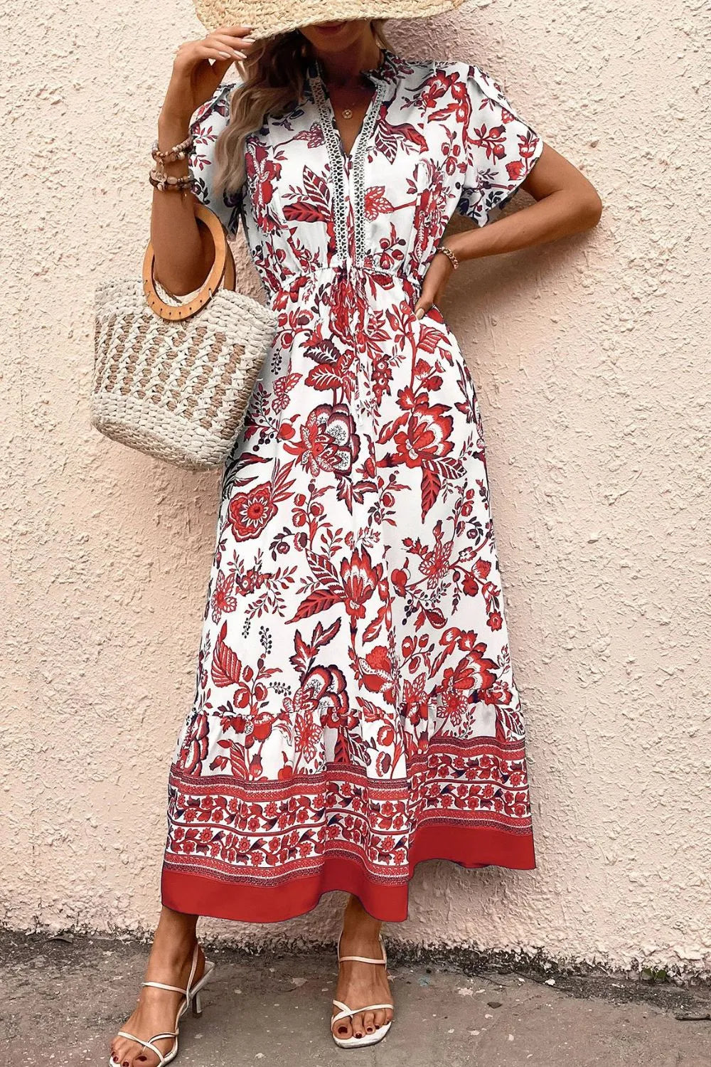 Printed Notched Short Sleeve Dress