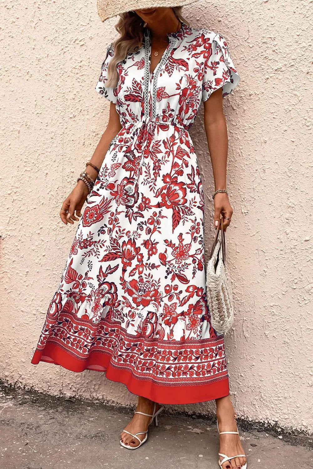 Printed Notched Short Sleeve Dress