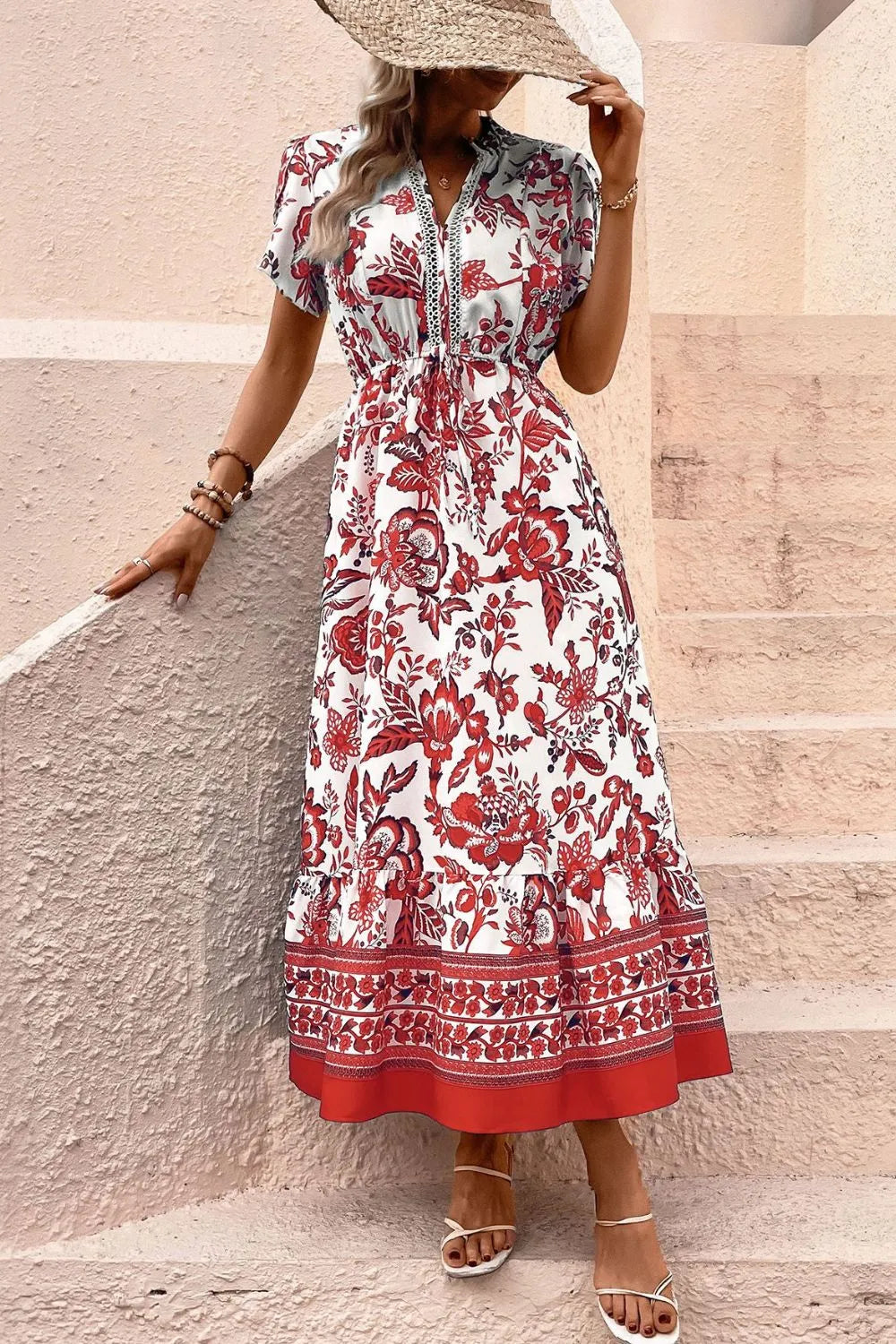 Printed Notched Short Sleeve Dress