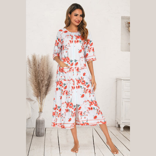 Printed Slit Night Dress with Pockets