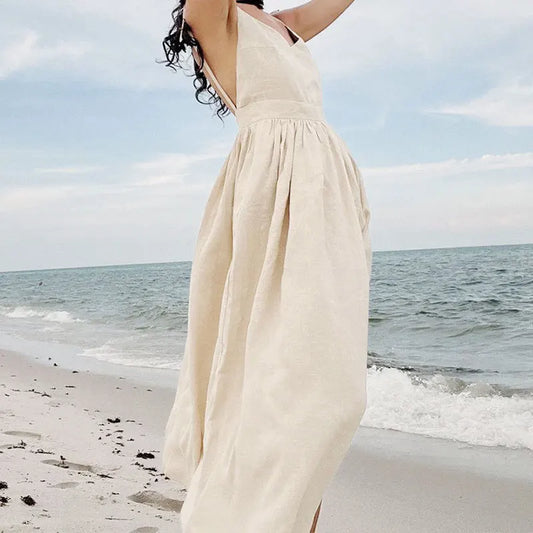 The Jenny Dress, Sleeveless Backless Long Dresses Women, S-3XL, V-Neck Solid Chic Holiday Beach Dresses Vintage