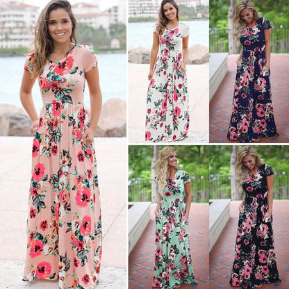 Summer Maxi Dress Women’s Pink Floral Print Boho Beach Dress Ladies Evening Party Long Dress Sundress Vestidos De Festa 3XL