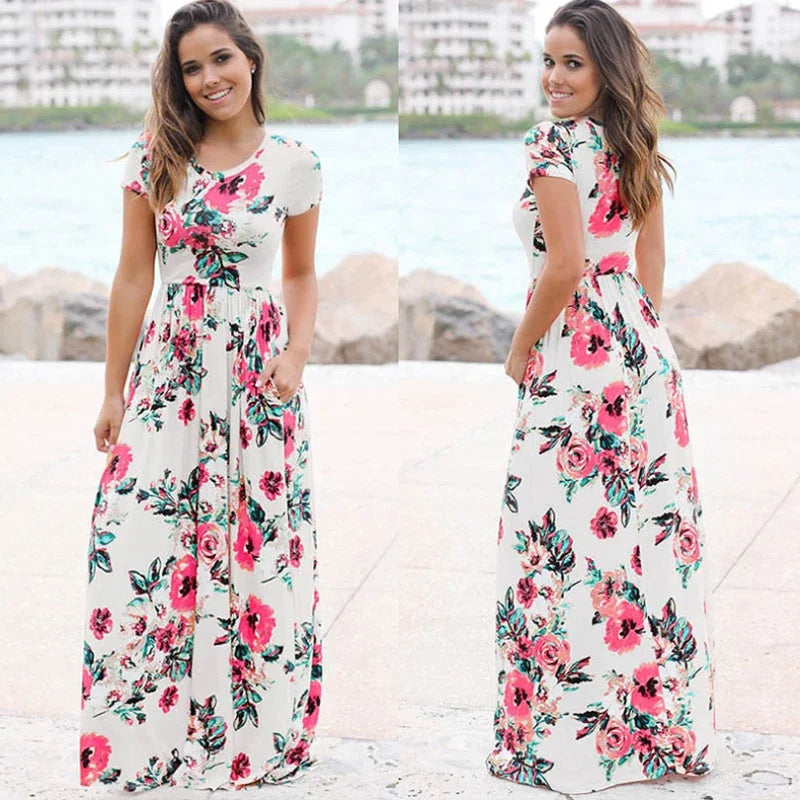 Summer Maxi Dress Women’s Pink Floral Print Boho Beach Dress Ladies Evening Party Long Dress Sundress Vestidos De Festa 3XL