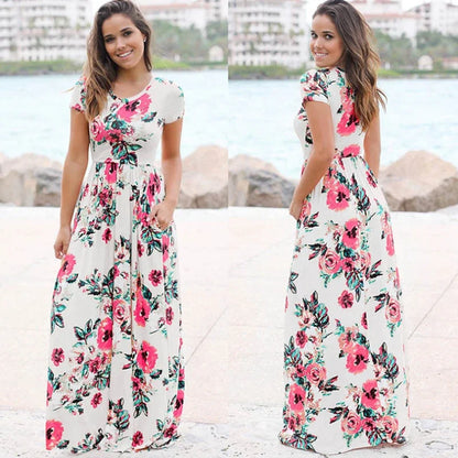 Summer Maxi Dress Women’s Pink Floral Print Boho Beach Dress Ladies Evening Party Long Dress Sundress Vestidos De Festa 3XL