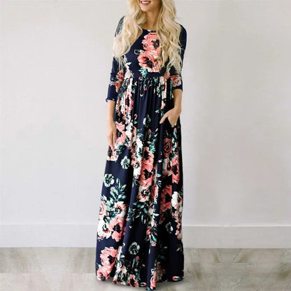 Summer Maxi Dress Women’s Pink Floral Print Boho Beach Dress Ladies Evening Party Long Dress Sundress Vestidos De Festa 3XL