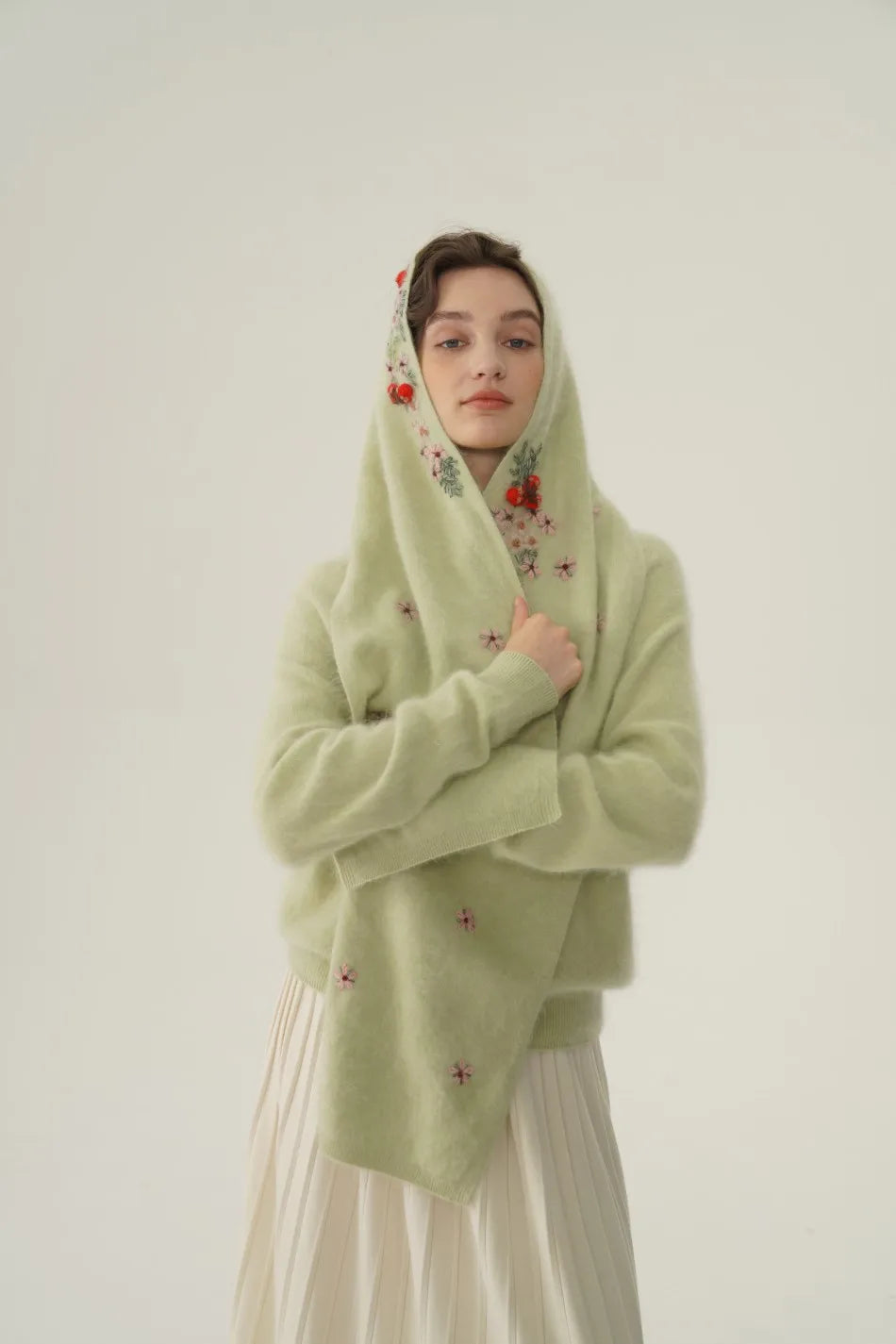 Annette Cashmere Sweater & Scarf Set, White