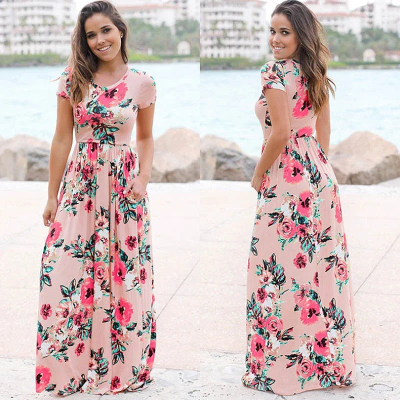 Summer Maxi Dress Women’s Pink Floral Print Boho Beach Dress Ladies Evening Party Long Dress Sundress Vestidos De Festa 3XL