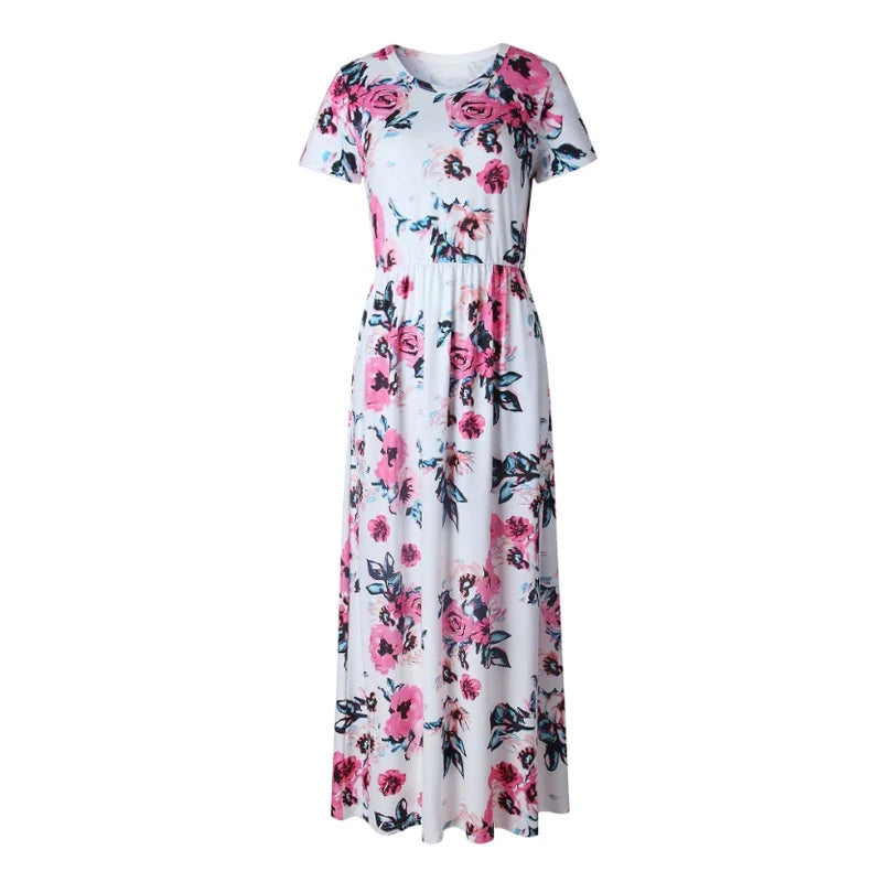 Summer Maxi Dress Women’s Pink Floral Print Boho Beach Dress Ladies Evening Party Long Dress Sundress Vestidos De Festa 3XL