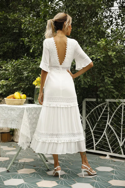 Summer White Maxi Dress for Women 2025 Lace Bohemian V-neck Solid Ruffles Beach Cover Up Wedding Party Vestidos