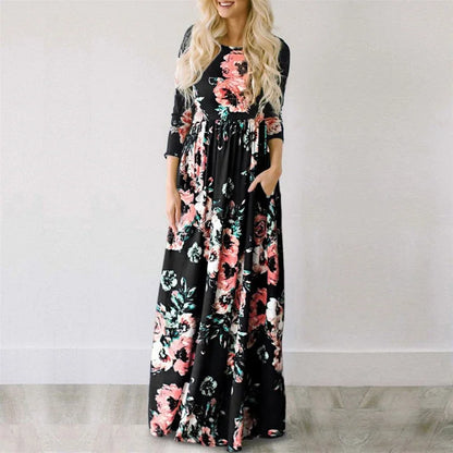 Summer Maxi Dress Women’s Pink Floral Print Boho Beach Dress Ladies Evening Party Long Dress Sundress Vestidos De Festa 3XL