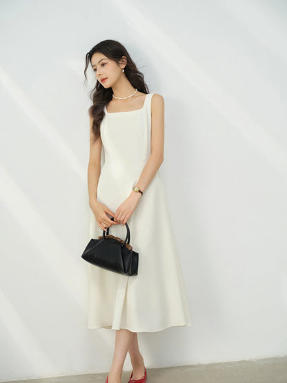 Elegant White Maxi Dress Square Neck Sleeveless Long Dress Summer Slim Fit Waist Dress for Petite Women Hepburn Style Fashion