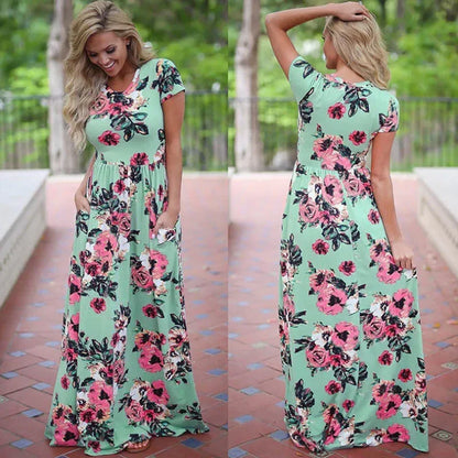 Summer Maxi Dress Women’s Pink Floral Print Boho Beach Dress Ladies Evening Party Long Dress Sundress Vestidos De Festa 3XL