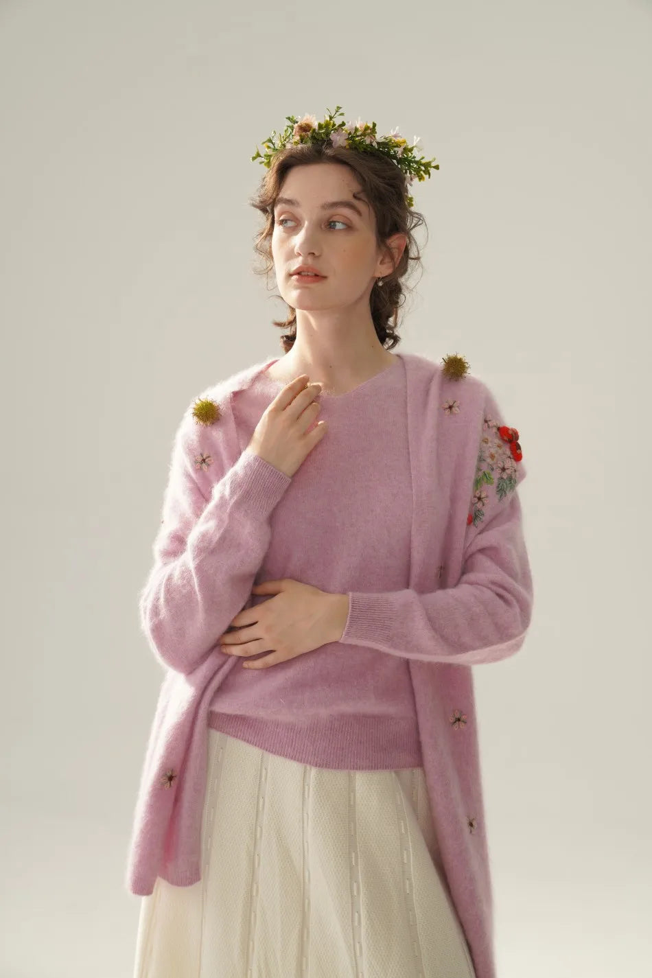 Annette Cashmere Sweater & Scarf Set, White